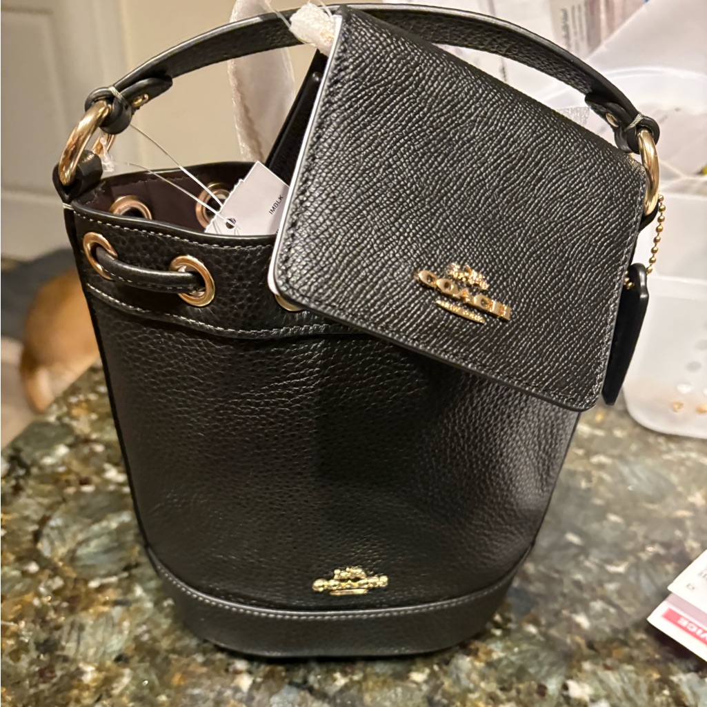 Nwt! Coach Mini Black Leather Bucket Bag And Wallet On Chain Set
